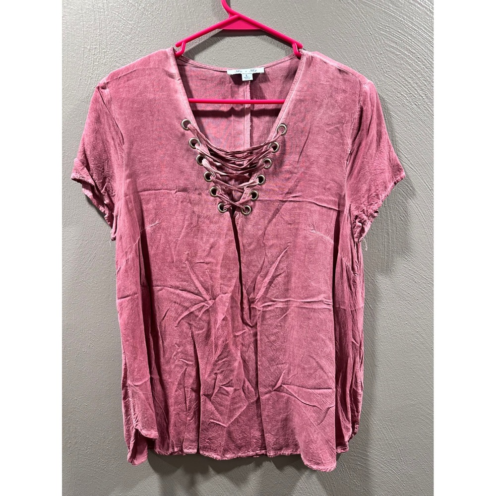 She + Sky Womens Mauve Pink Lace Up Grommet V-Neck Acid Wash Top Large SL4973